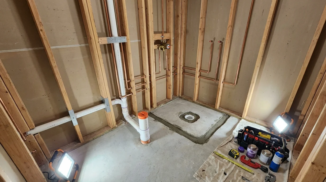 Bathroom rough-in plumbing during remodel by Johns Plumbing LLC in Seville
