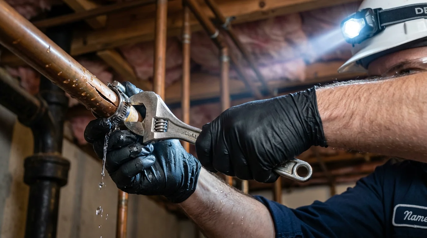 Emergency pipe clamp repair being performed by a Johns Plumbing LLC plumber in Seville