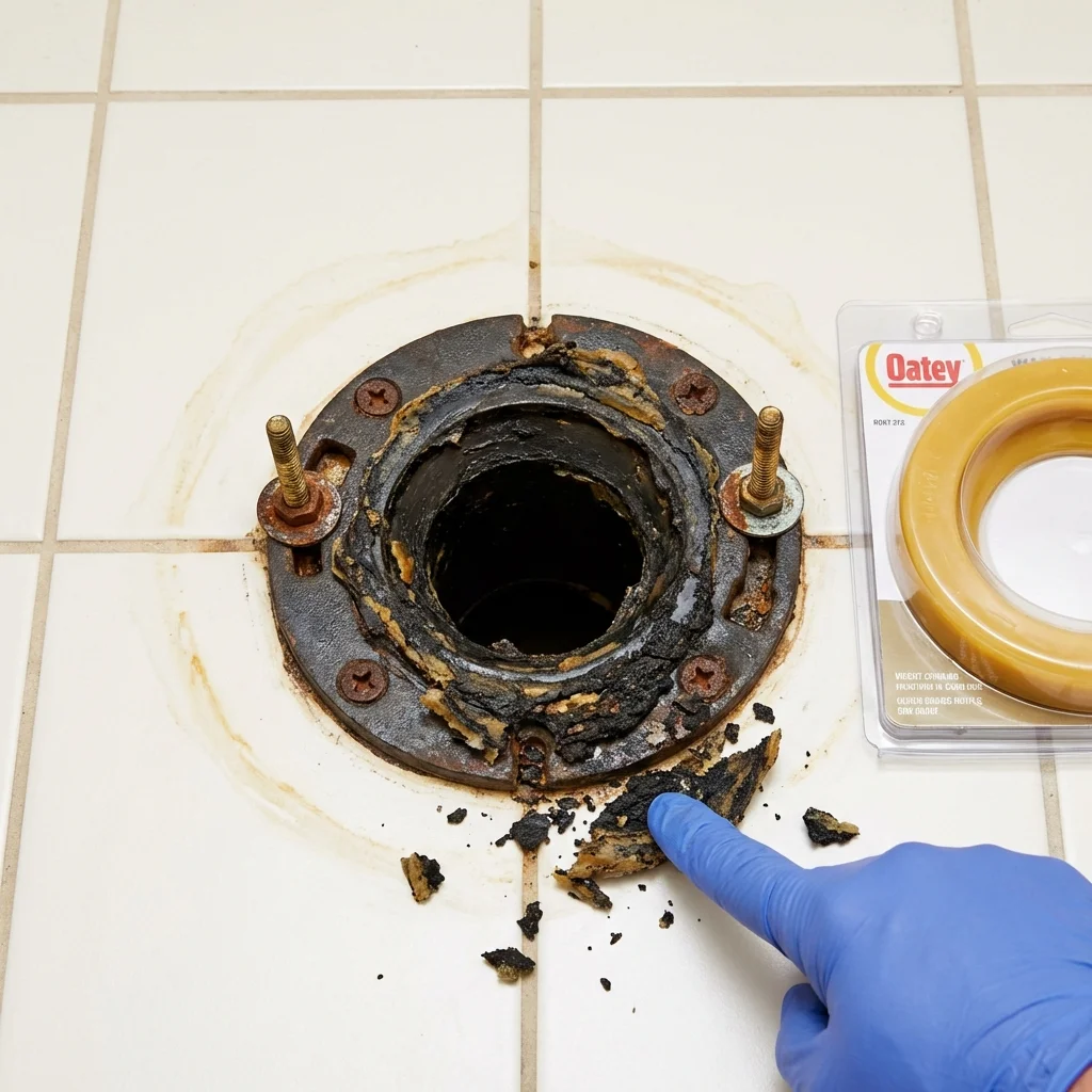 Failed wax ring showing water seepage at the base of a toilet in a Seville, OH home