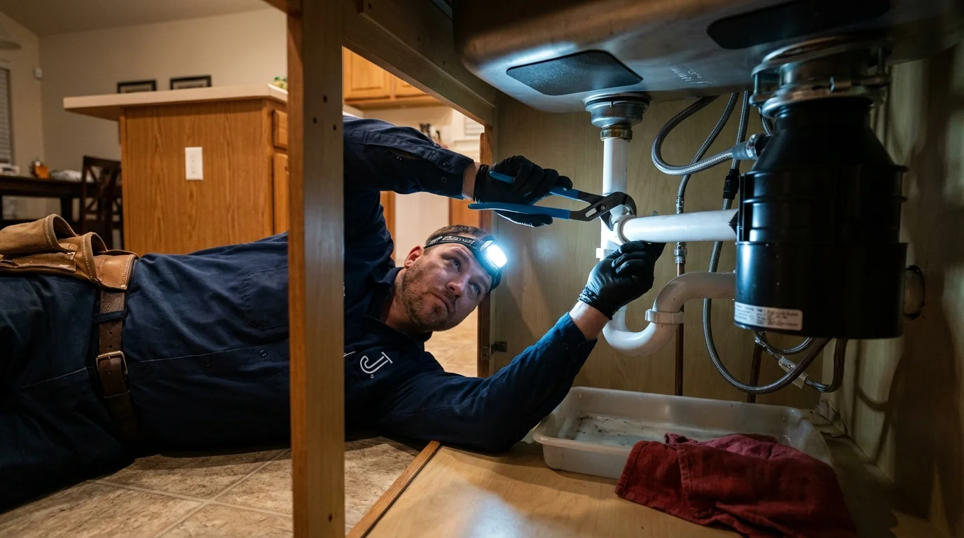 P-trap and supply line connections under a kitchen sink showing a common leak point in Seville, OH